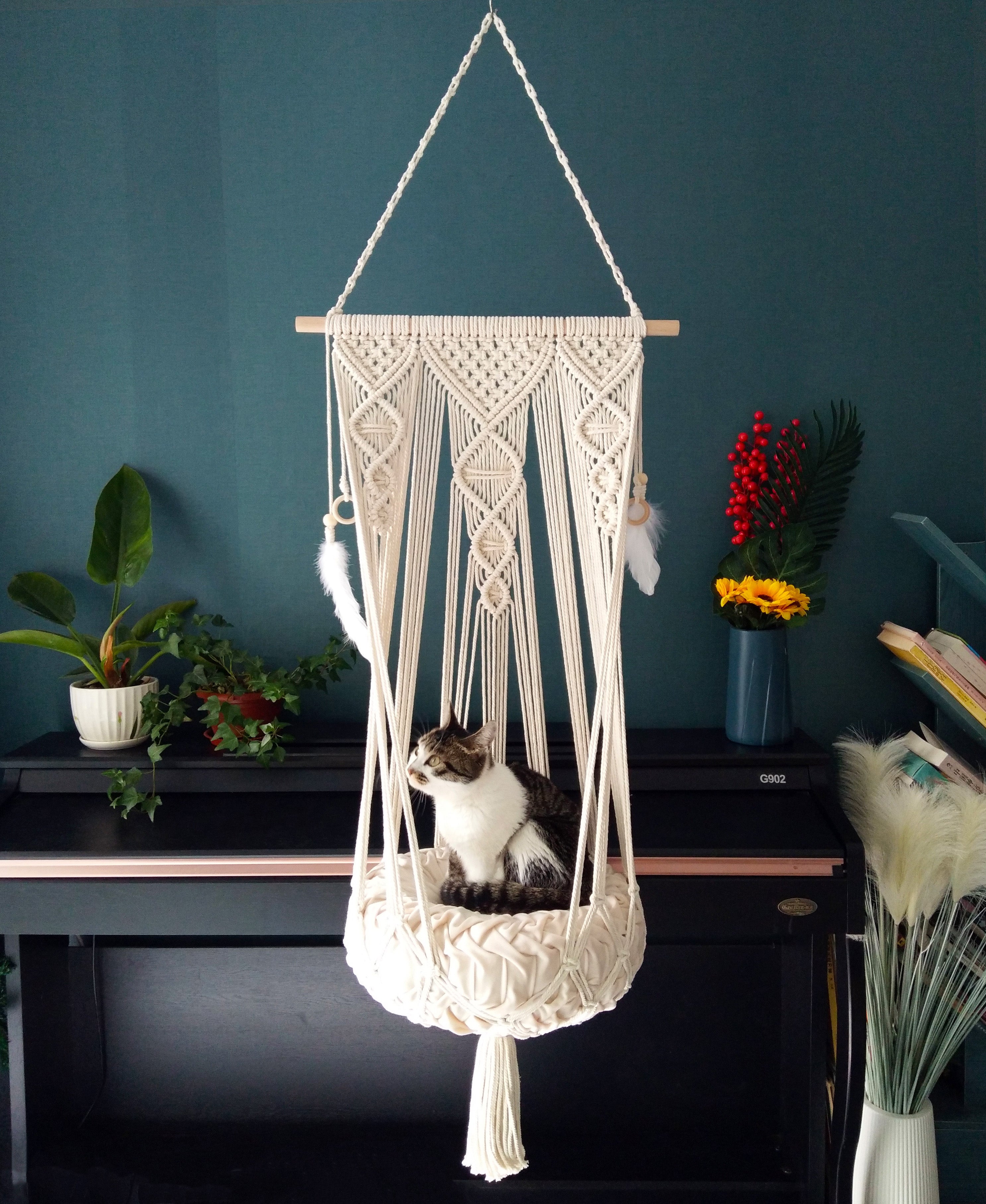 Macrame cat Hammock bed,Macrame cotton rope Swing Bed for cat,indoor pet's sleeping bed wall hanging