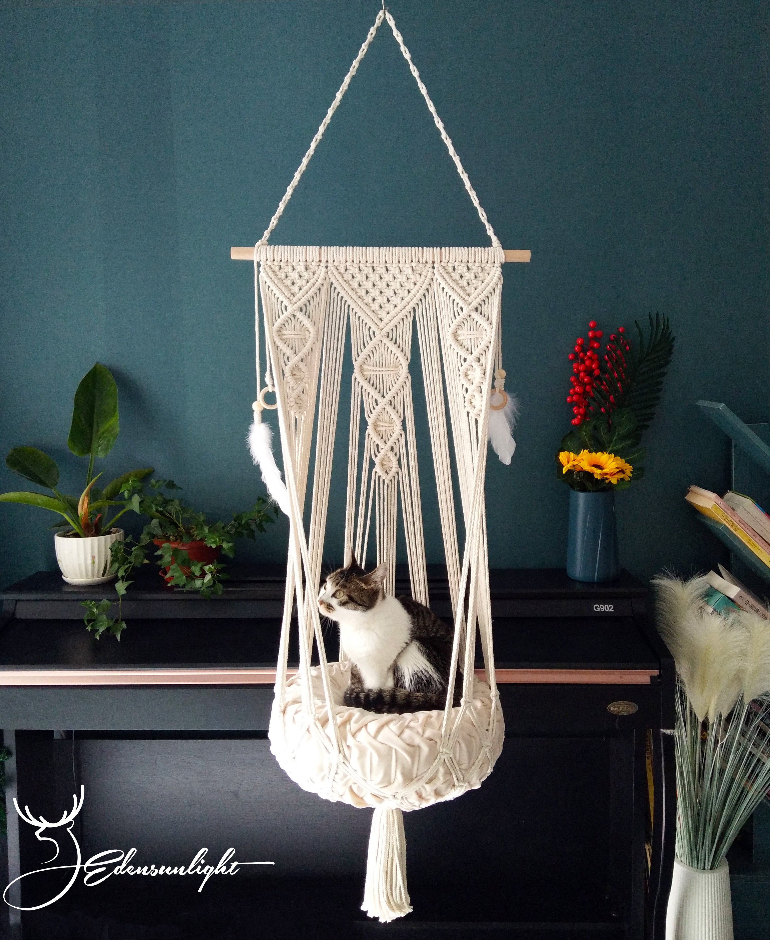 Macrame cat Hammock bed,Macrame cotton rope Swing Bed for cat,indoor pet's sleeping bed wall hanging