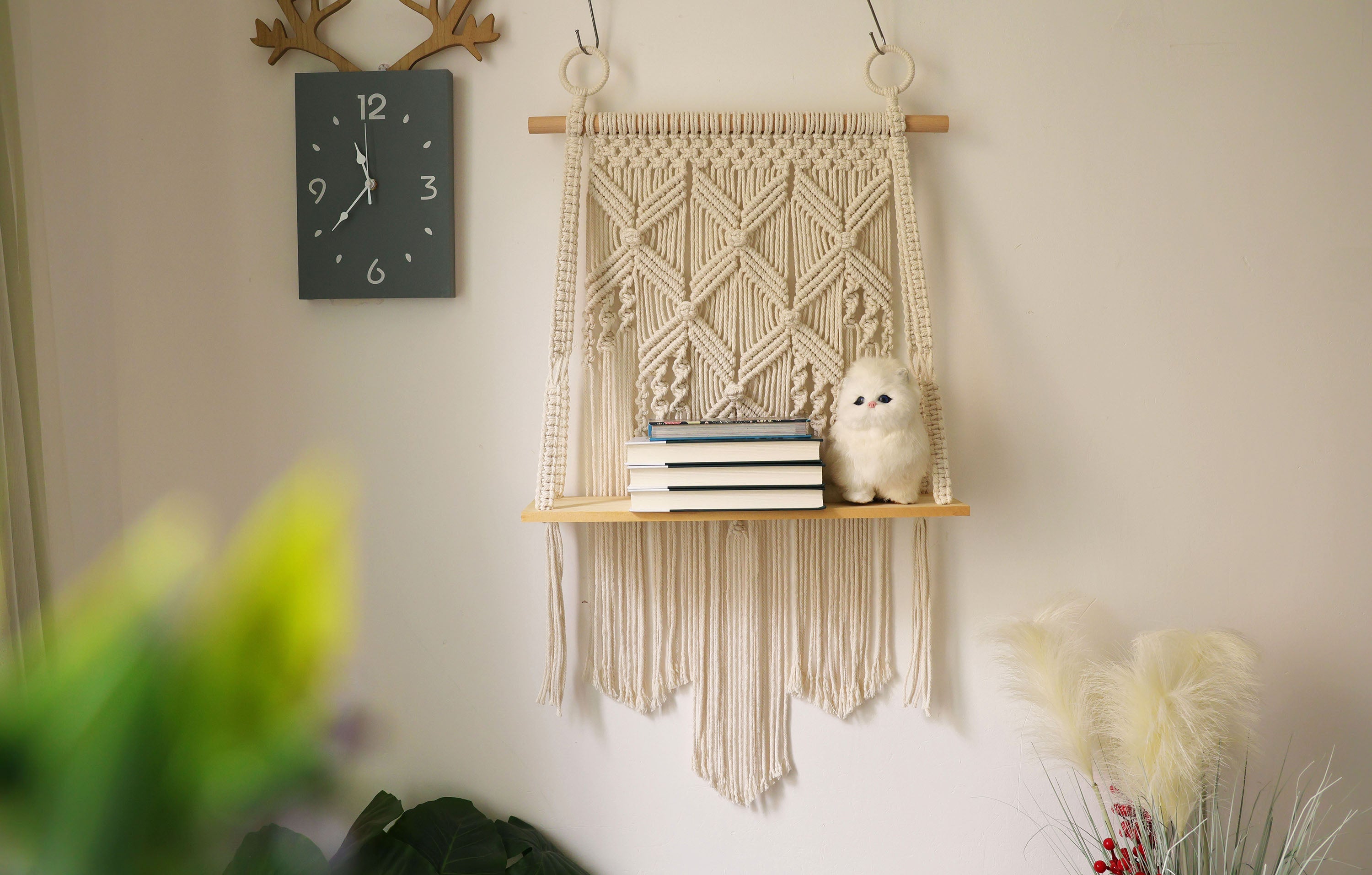 Macrame hanging shelf,Handwoven Bohemia tapestry wall hanging, stable wall shelf/bookshelf/plant shelf/living room shelf/bathroom shelf