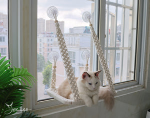 Macrame Cat Window Perch Bed, Macrame Cat Wall Shelf/Wall Bed/Wall Furniture, Bohemian pure cotton Cat Hammock/Cat Swing Bed