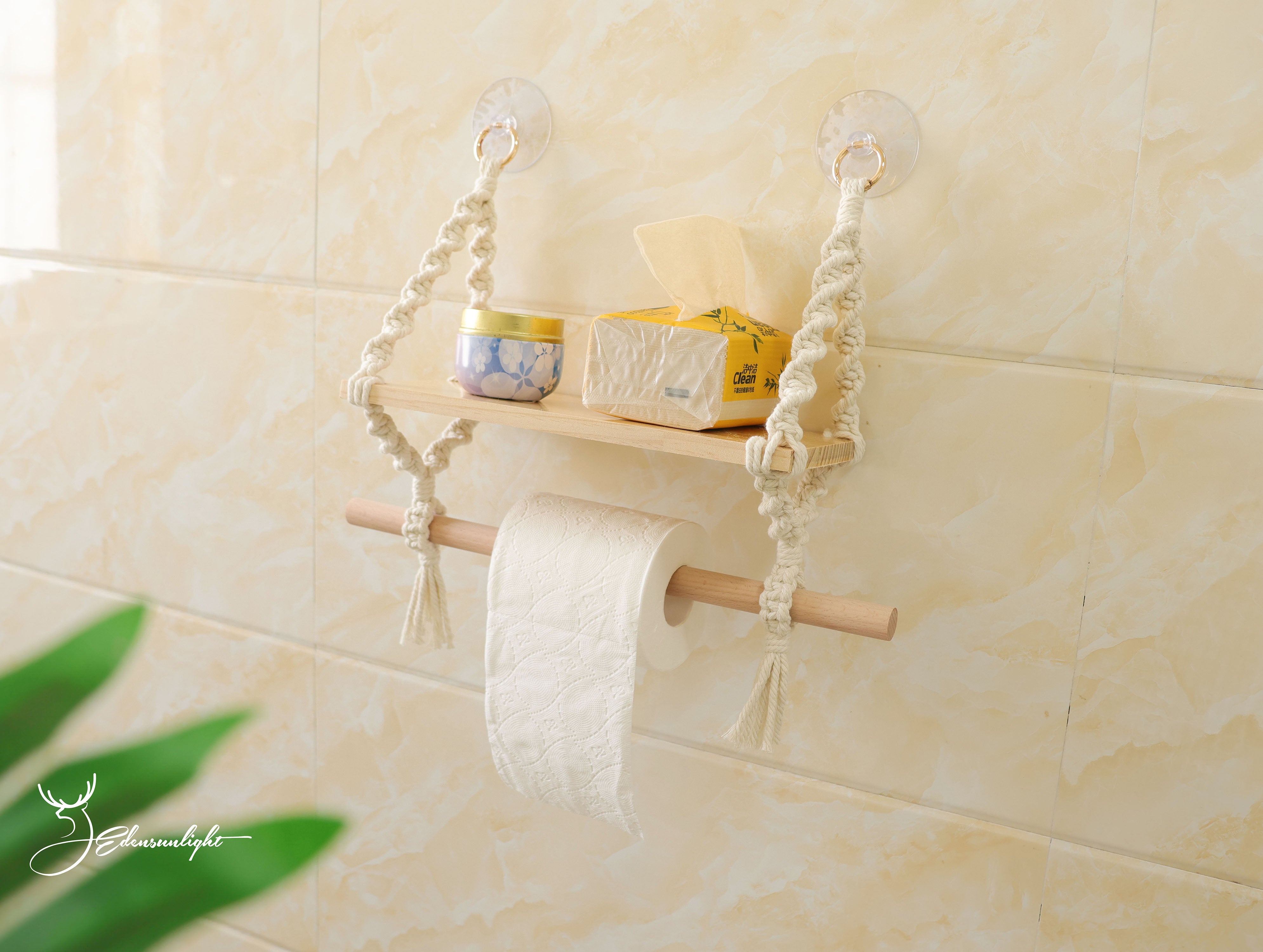 Macrame Multi-purpose functional hanging shelf to hold towels/paper rolls/candles/plants/toothbrush,Macrame Toilet Paper Holder with Shelf