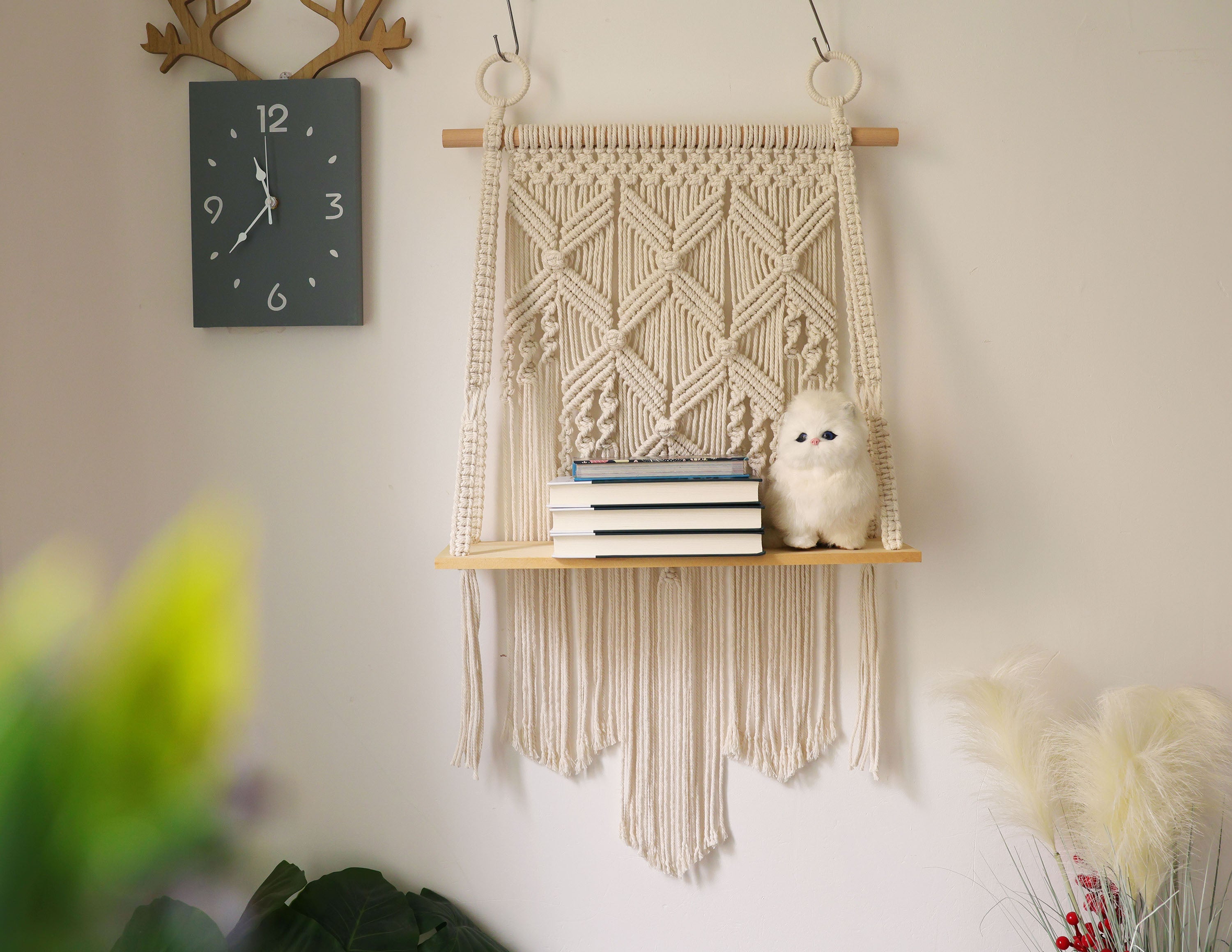 Macrame hanging shelf,Handwoven Bohemia tapestry wall hanging, stable wall shelf/bookshelf/plant shelf/living room shelf/bathroom shelf