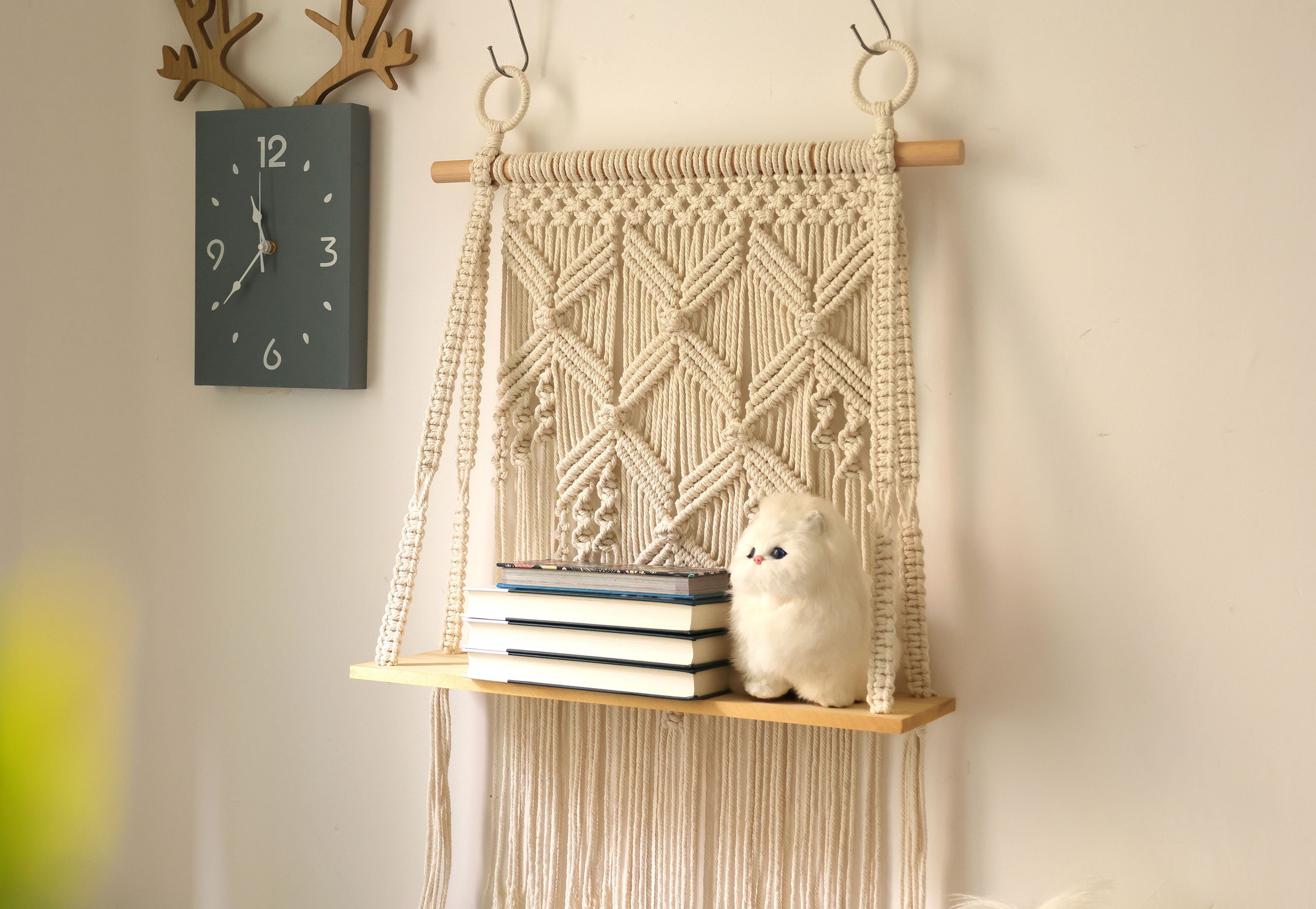 Macrame hanging shelf,Handwoven Bohemia tapestry wall hanging, stable wall shelf/bookshelf/plant shelf/living room shelf/bathroom shelf