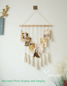 Macrame photo display hanging，Boho picture hangerorganizer for home decor