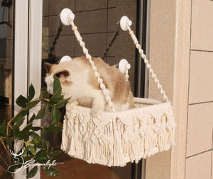 Macrame cat window Hammock/Bed, Cat window perch, Cat wall bed/wall hammock/wall shelf, Mounted Pet Resting Bed with 4 strong suctions