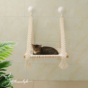 Cat window hammock, Macrame cat wall bed, solid wood cat wall furniture/wall shelf, window mounted cat bed with strong screw glass suctions