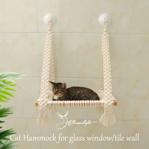 Cat window hammock, Macrame cat wall bed, solid wood cat wall furniture/wall shelf, window mounted cat bed with strong screw glass suctions