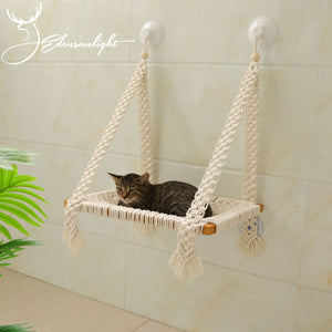 Cat window hammock, Macrame cat wall bed, solid wood cat wall furniture/wall shelf, window mounted cat bed with strong screw glass suctions