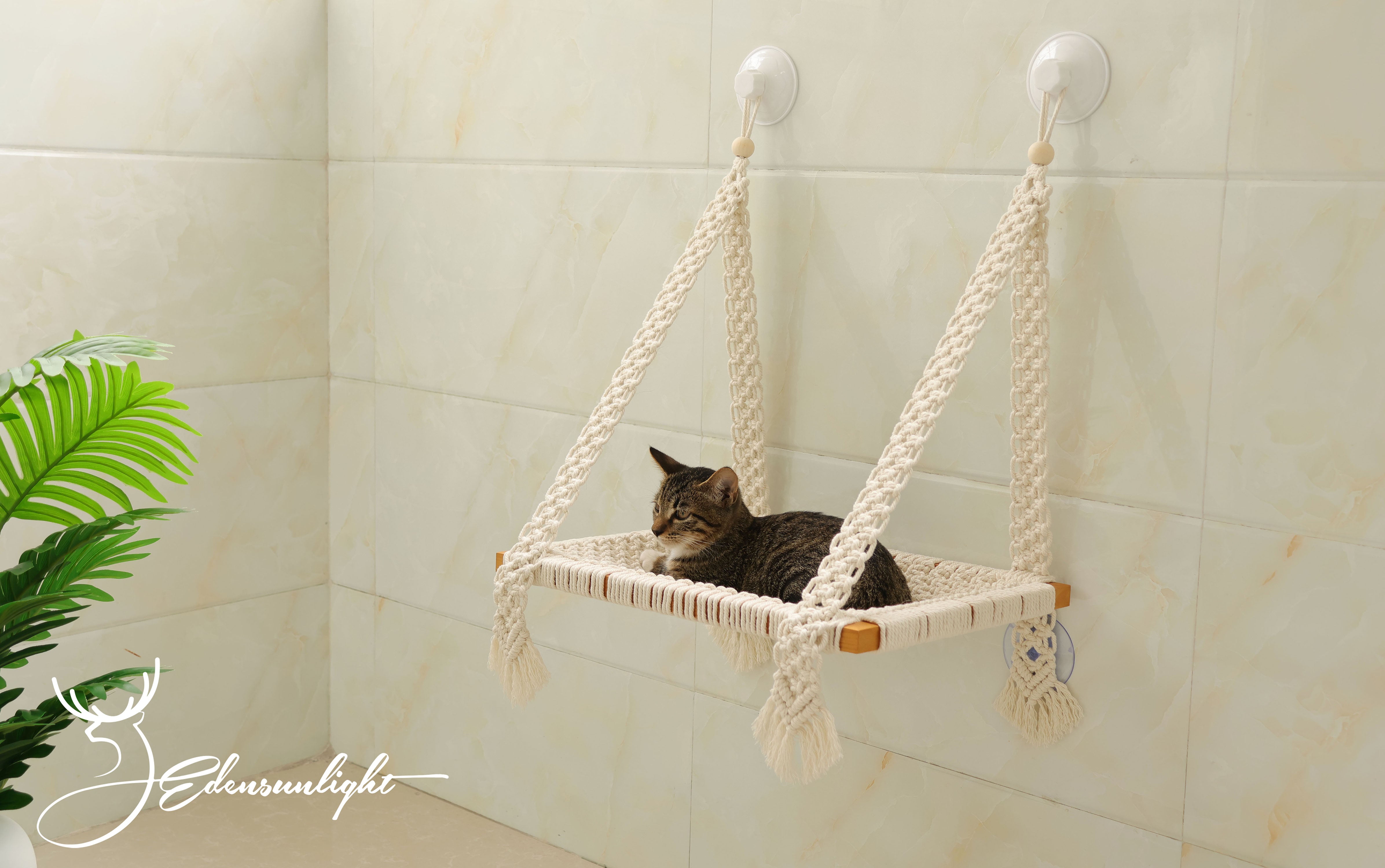 Cat window hammock, Macrame cat wall bed, solid wood cat wall furniture/wall shelf, window mounted cat bed with strong screw glass suctions