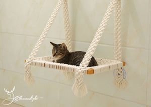 Cat window hammock, Macrame cat wall bed, solid wood cat wall furniture/wall shelf, window mounted cat bed with strong screw glass suctions