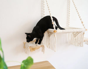 Cat Wall Steps with Macrame Mat, Solid wood Cat wall steps/wall Shelf/Cat wall furniture/Cat Tree, Cat wall bed/hammock accessory