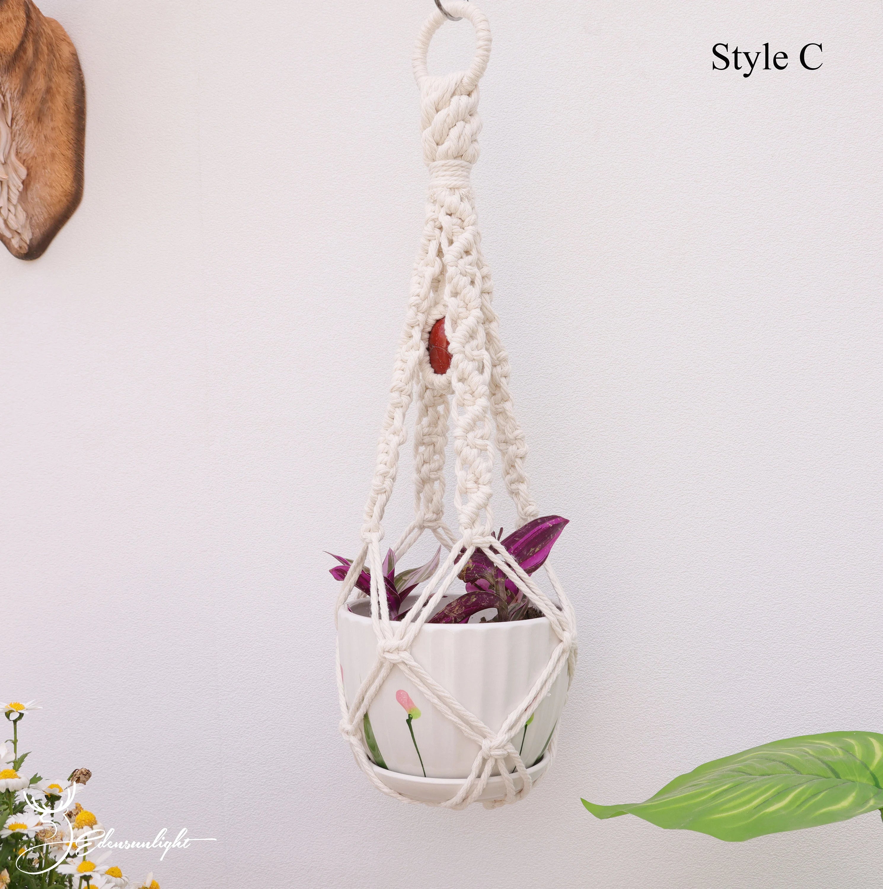 Macrame crystal plant hanger, Boho No tail/  no Tassel/tassel-free  plant pot holder for indoor garden, Macrame crystal wall hanging sun catcher