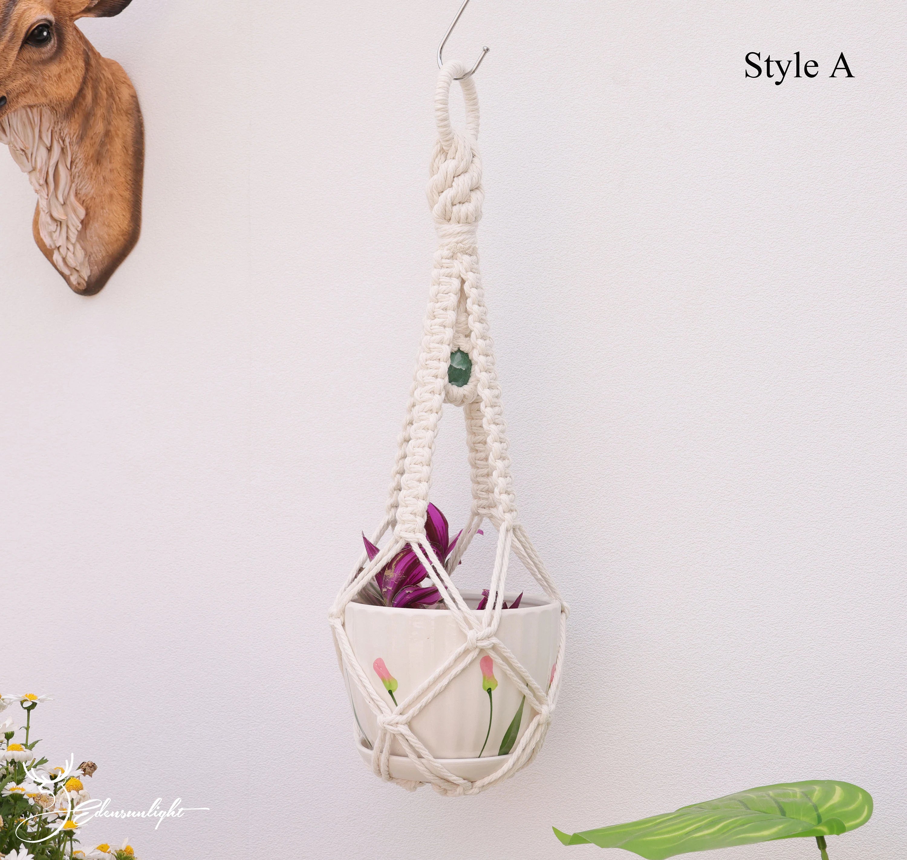 Macrame crystal plant hanger, Boho No tail/  no Tassel/tassel-free  plant pot holder for indoor garden, Macrame crystal wall hanging sun catcher