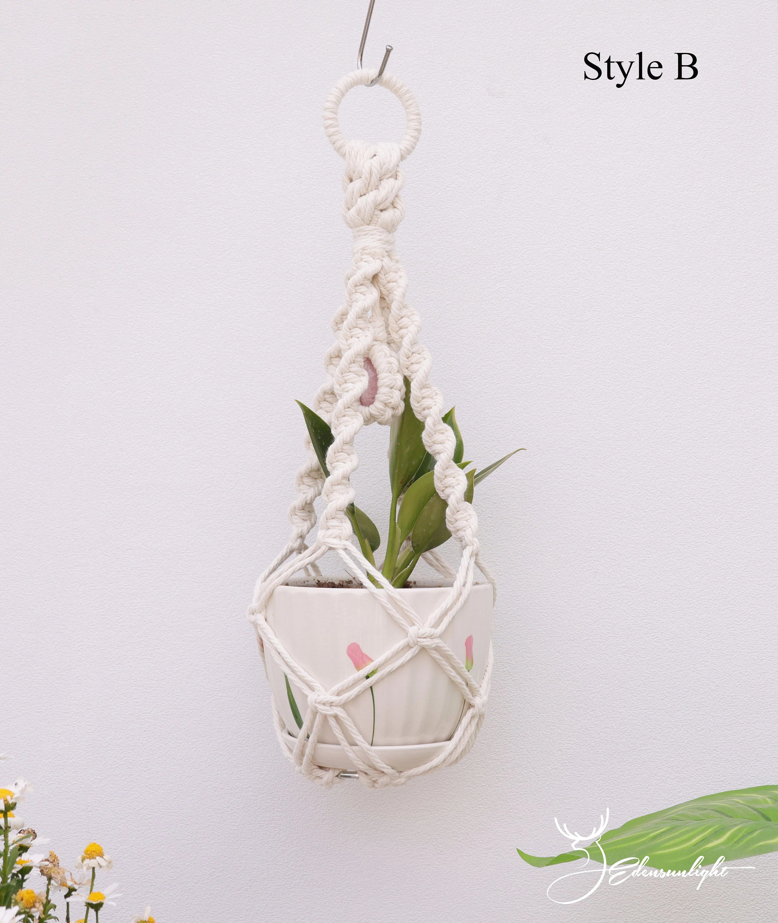 Macrame crystal plant hanger, Boho No tail/  no Tassel/tassel-free  plant pot holder for indoor garden, Macrame crystal wall hanging sun catcher