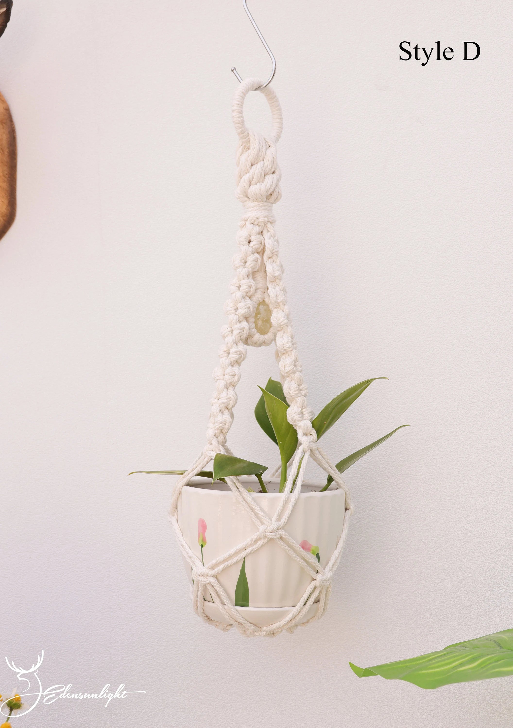 Macrame crystal plant hanger, Boho No tail/  no Tassel/tassel-free  plant pot holder for indoor garden, Macrame crystal wall hanging sun catcher