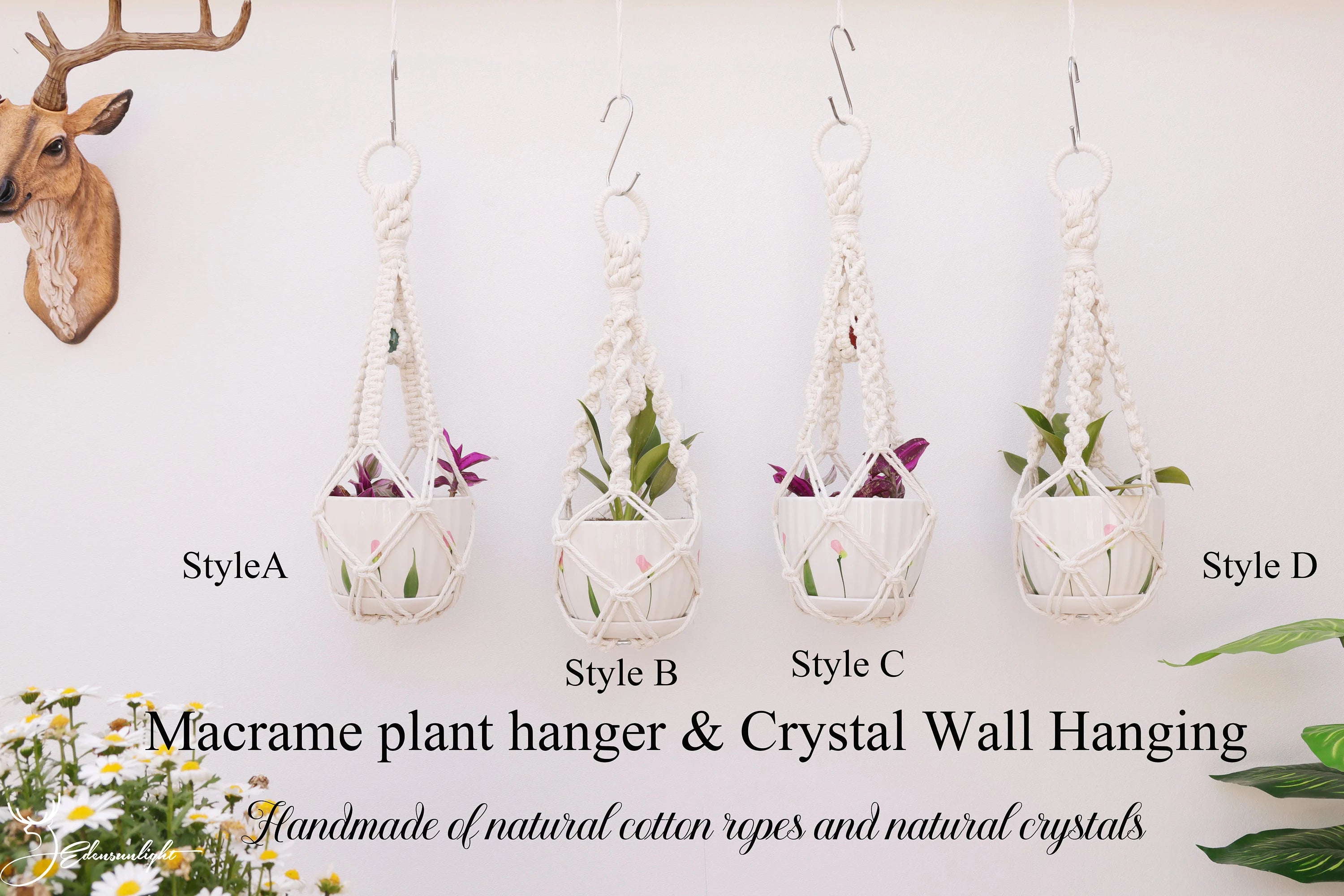 Macrame crystal plant hanger, Boho No tail/  no Tassel/tassel-free  plant pot holder for indoor garden, Macrame crystal wall hanging sun catcher