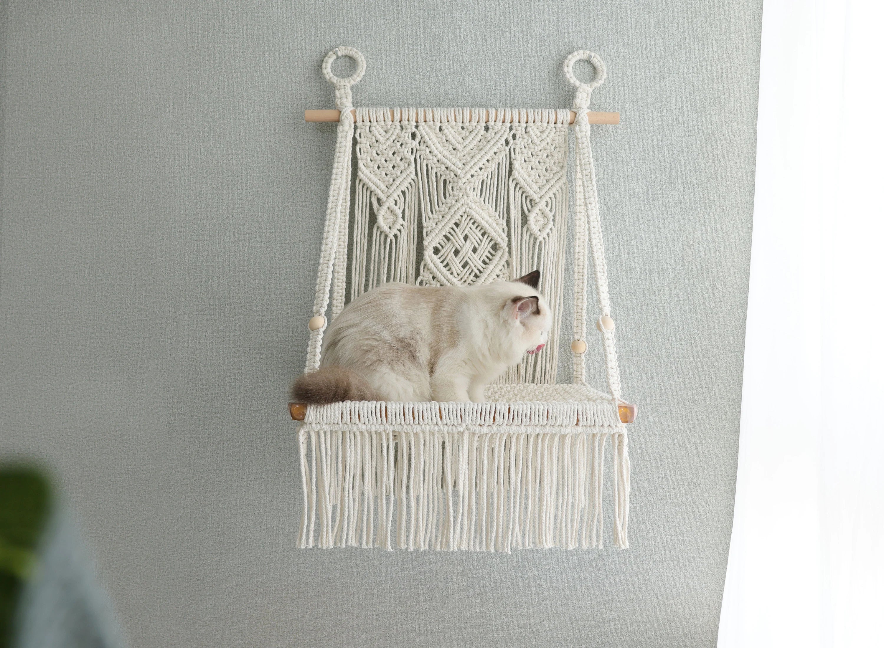 Macrame Cat wall bed,solid wood cat wall furniture/wall hammock/wall step/wall shelf,Bobo hanging cat house/cat tree/pet furniture