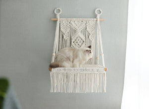 Macrame Cat wall bed,solid wood cat wall furniture/wall hammock/wall step/wall shelf,Bobo hanging cat house/cat tree/pet furniture