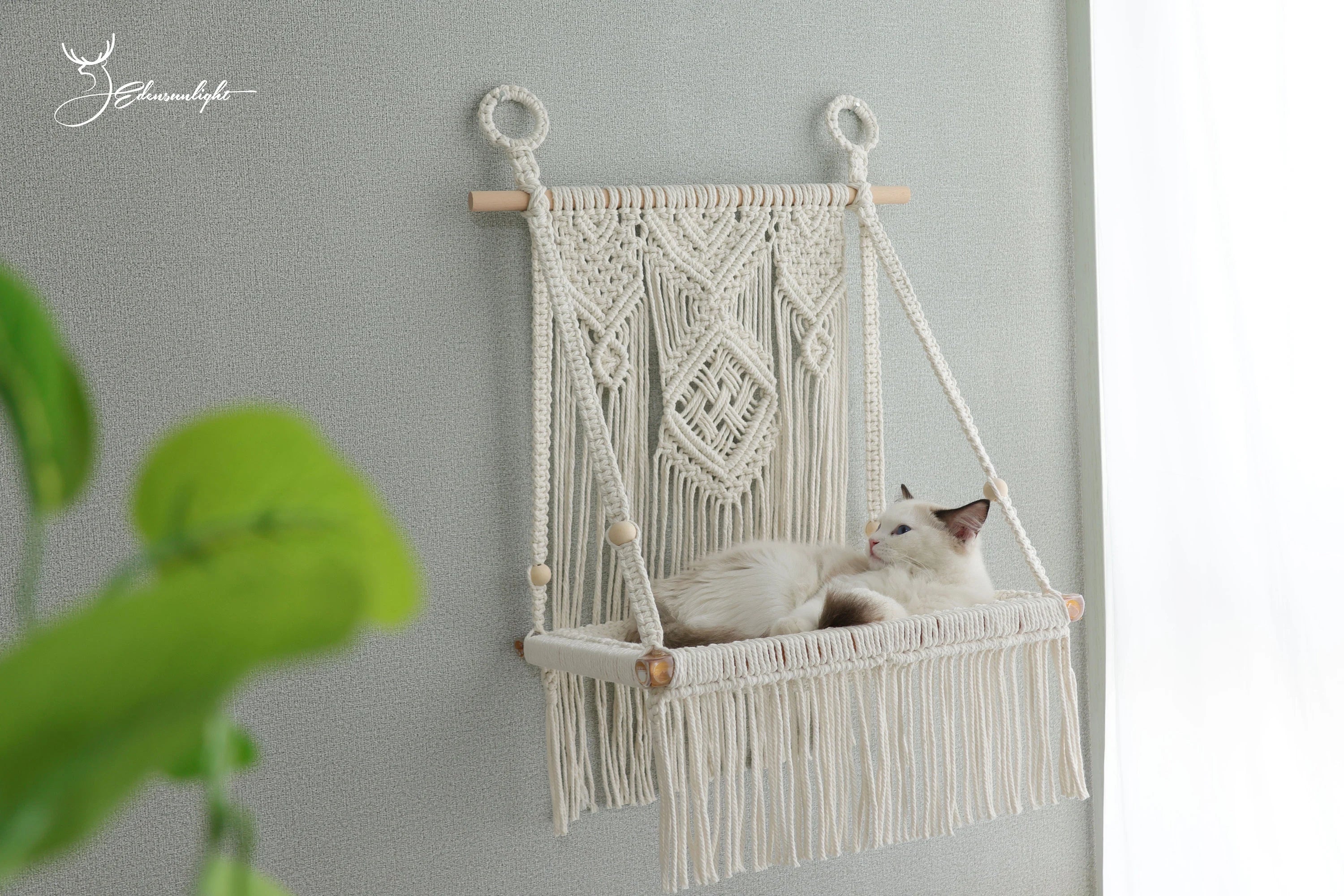 Macrame Cat wall bed,solid wood cat wall furniture/wall hammock/wall step/wall shelf,Bobo hanging cat house/cat tree/pet furniture