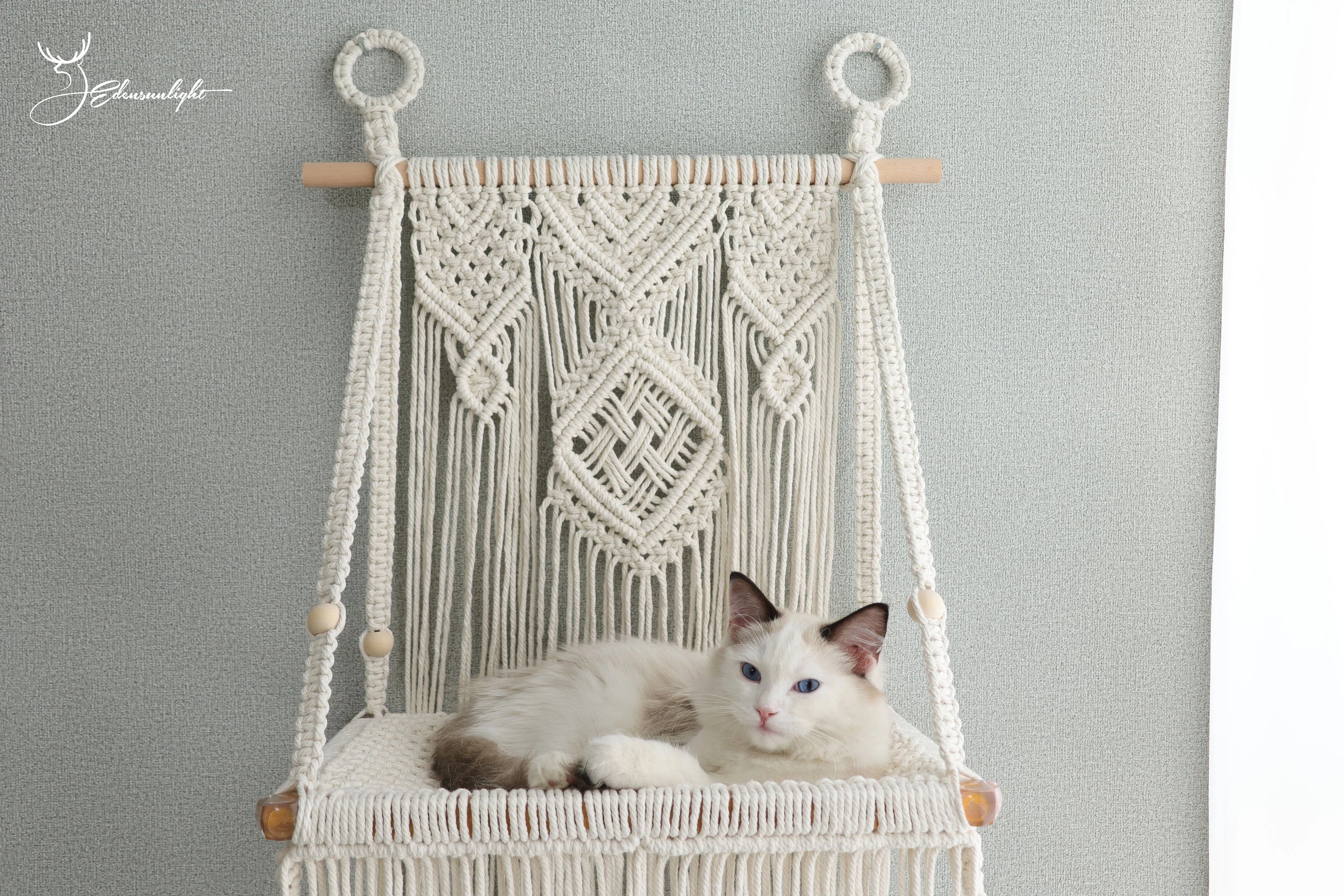 Macrame Cat wall bed,solid wood cat wall furniture/wall hammock/wall step/wall shelf,Bobo hanging cat house/cat tree/pet furniture