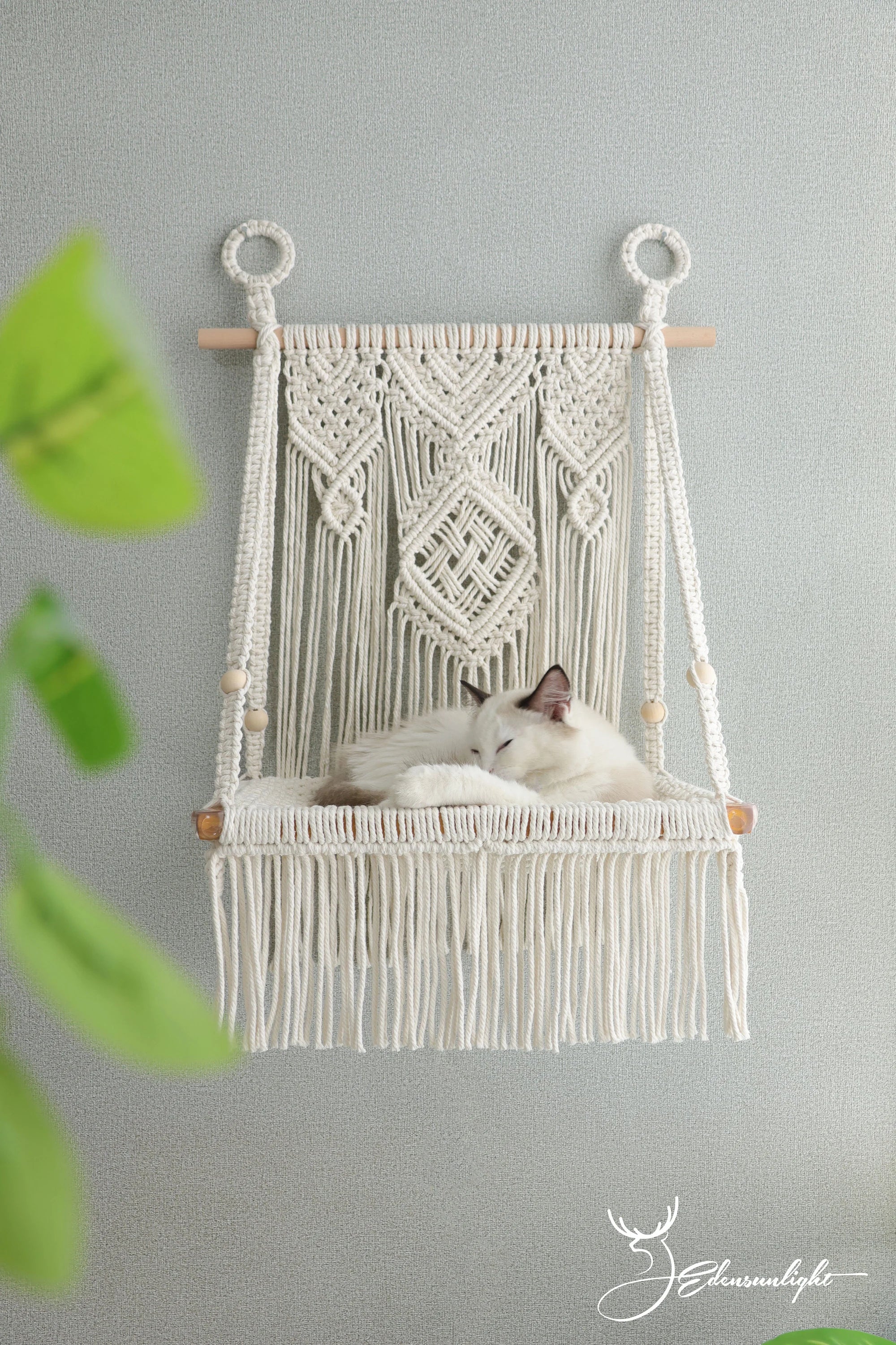 Macrame Cat wall bed,solid wood cat wall furniture/wall hammock/wall step/wall shelf,Bobo hanging cat house/cat tree/pet furniture