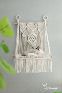 Macrame Cat wall bed,solid wood cat wall furniture/wall hammock/wall step/wall shelf,Bobo hanging cat house/cat tree/pet furniture