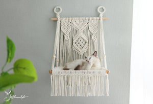 Macrame Cat wall bed,solid wood cat wall furniture/wall hammock/wall step/wall shelf,Bobo hanging cat house/cat tree/pet furniture