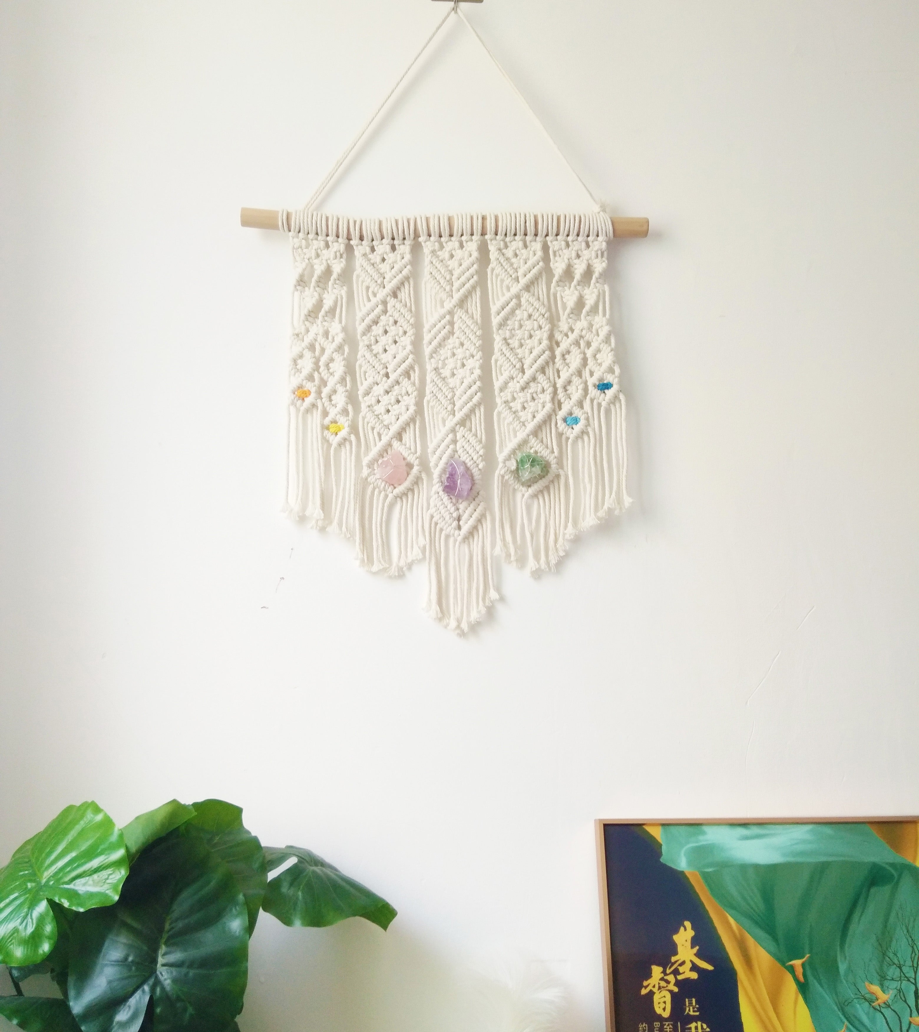 Macrame crystal wall hanging, Boho wall art decoration for home