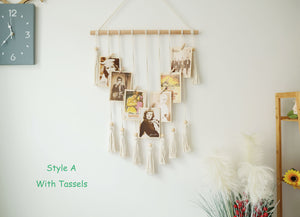 Macrame photo display hanging，Boho picture hangerorganizer for home decor