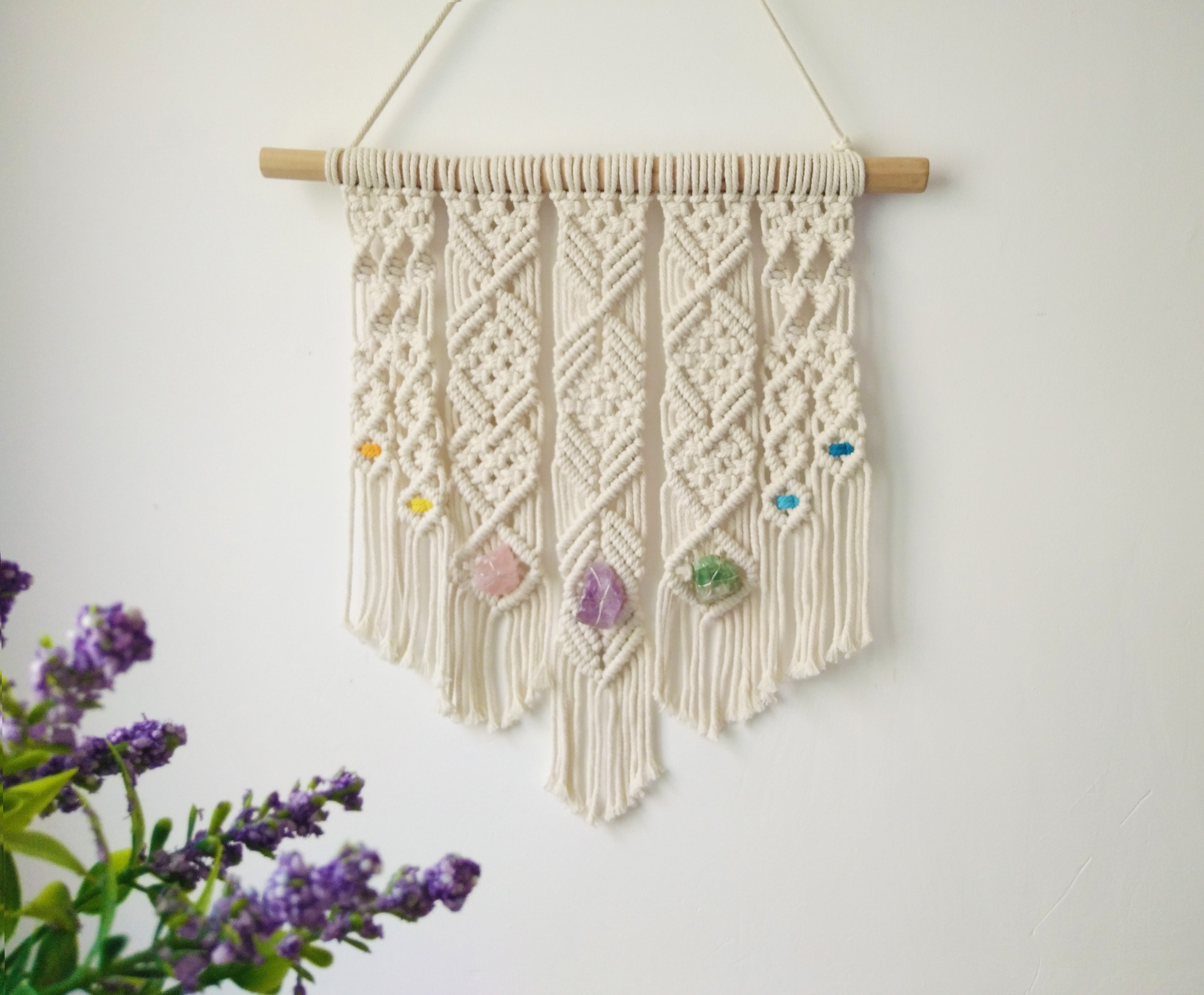 Macrame crystal wall hanging, Boho wall art decoration for home