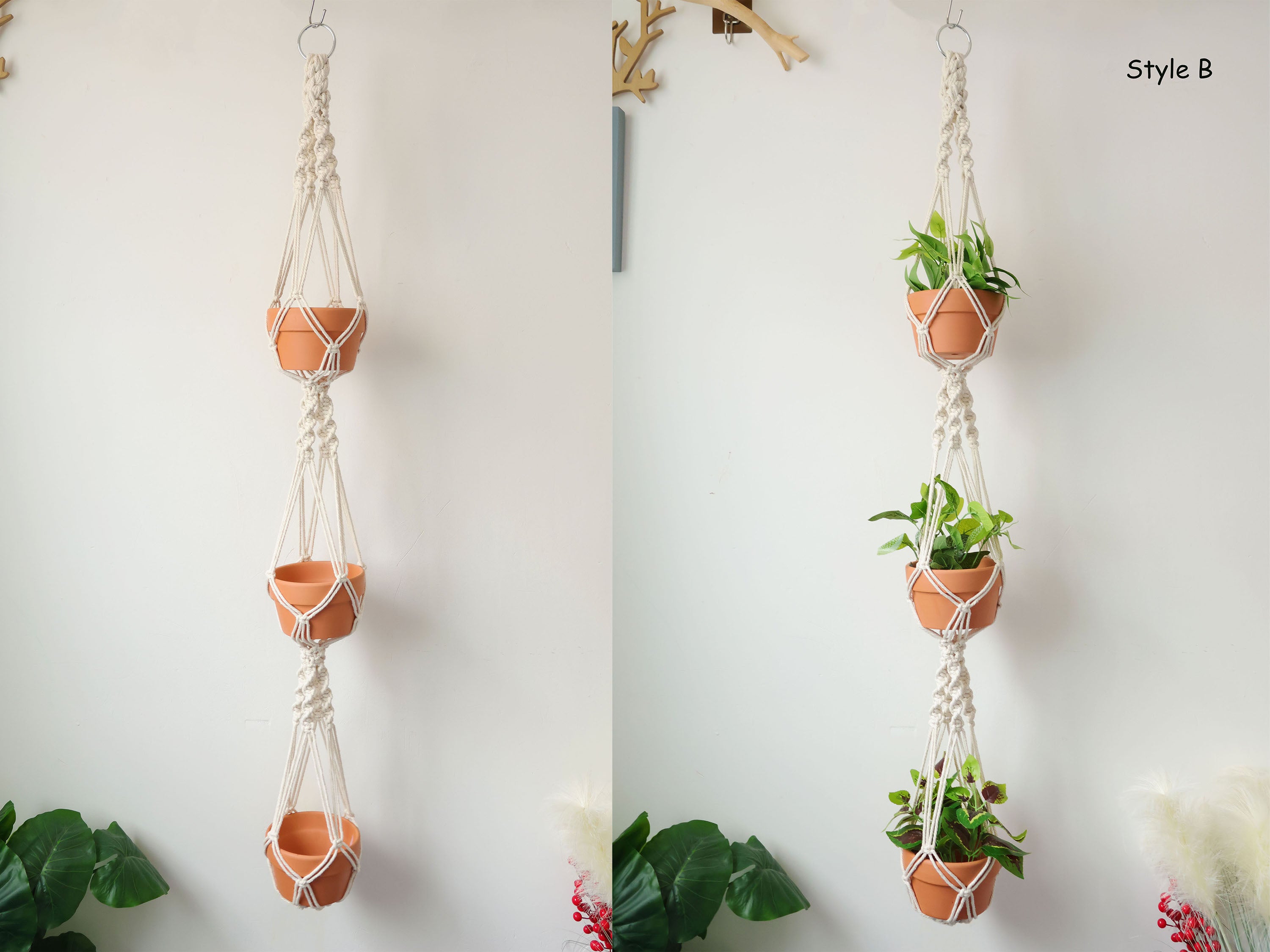 No tassel Plant hanger, Macrame plant/pot holder no tail for indoor garden(single/double/triple), Boho wall hanging Home Decor